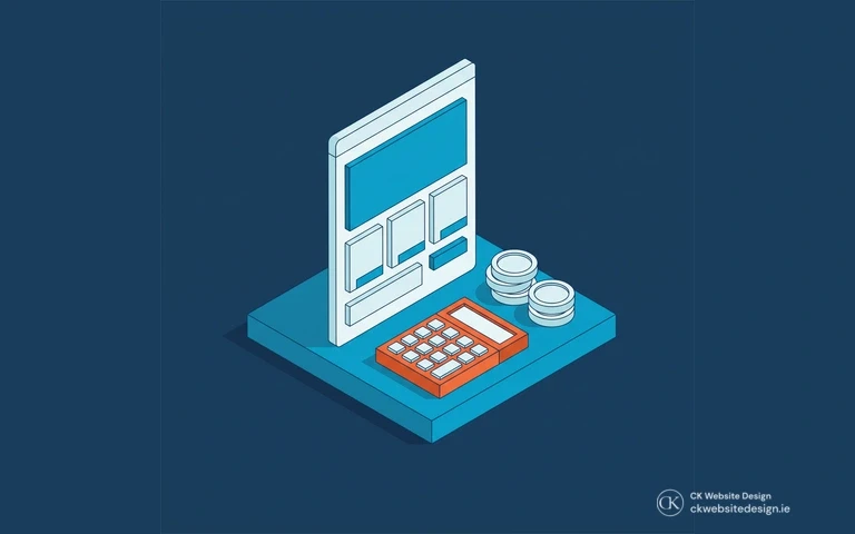 Isometric website page beside an orange calculator and stacked coins, illustrating website project costs.