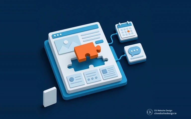 Isometric custom website module fitting a shaped opening beside connected booking and enquiry features.