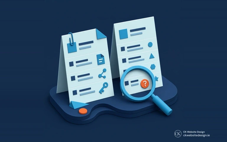 Isometric website proposal sheets with checklist symbols and a magnifying glass for comparing project scope.