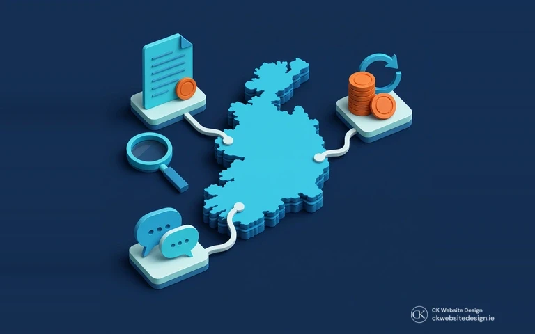 Isometric Ireland map with separate document, loan and mentoring routes and a magnifying glass for checking eligibility.