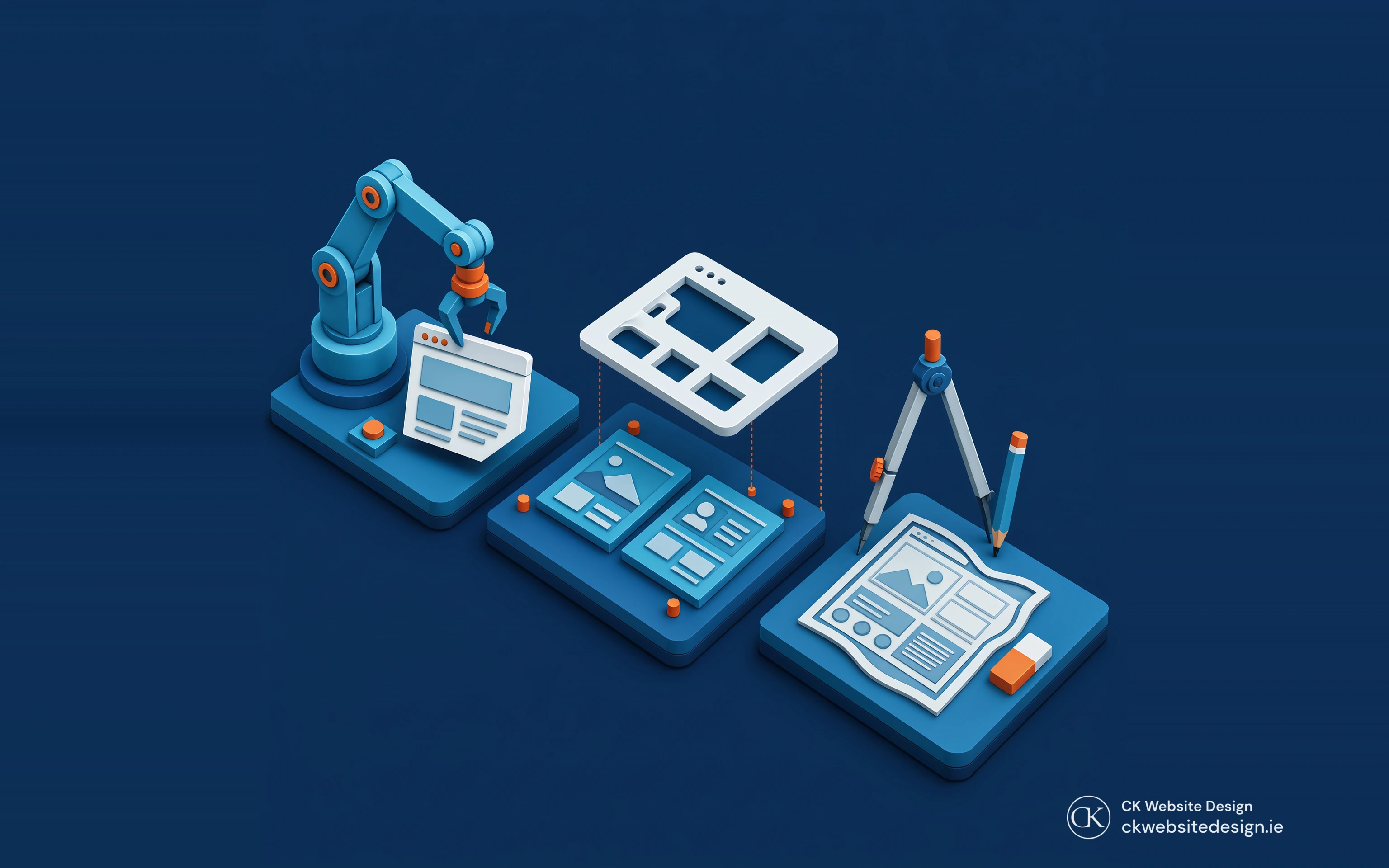 Isometric comparison of an AI building arm, a reusable website stencil and custom drafting tools.