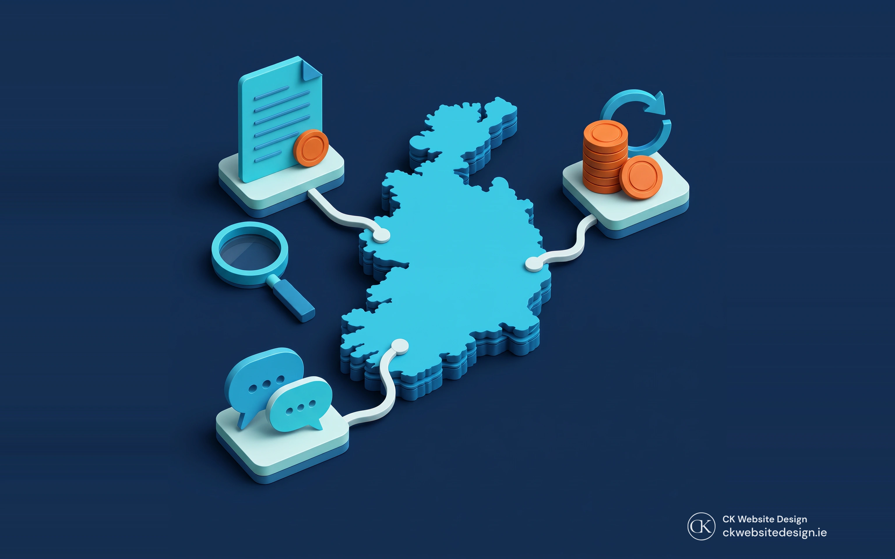 Isometric Ireland map with separate document, loan and mentoring routes and a magnifying glass for checking eligibility.