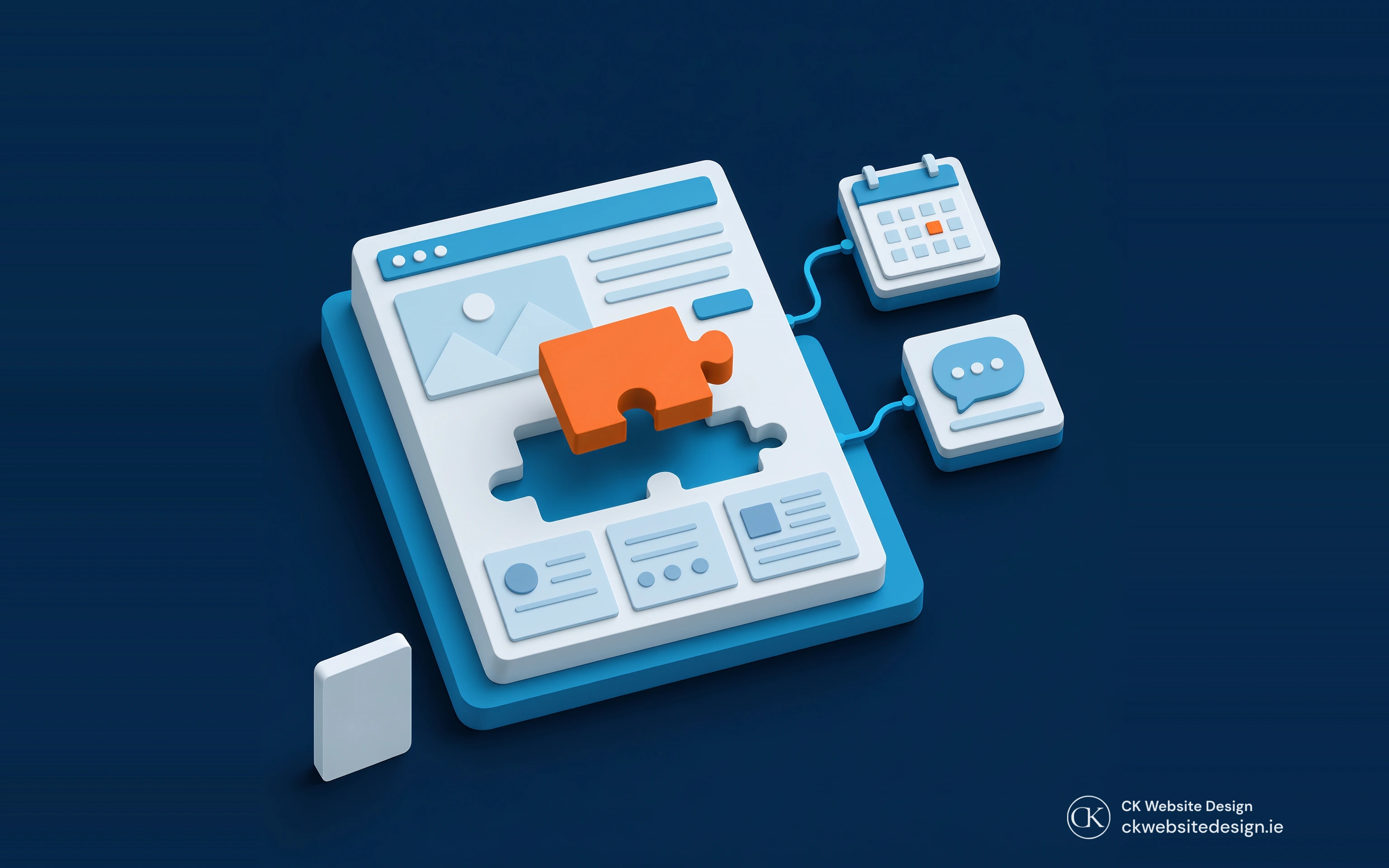 Isometric custom website module fitting a shaped opening beside connected booking and enquiry features.