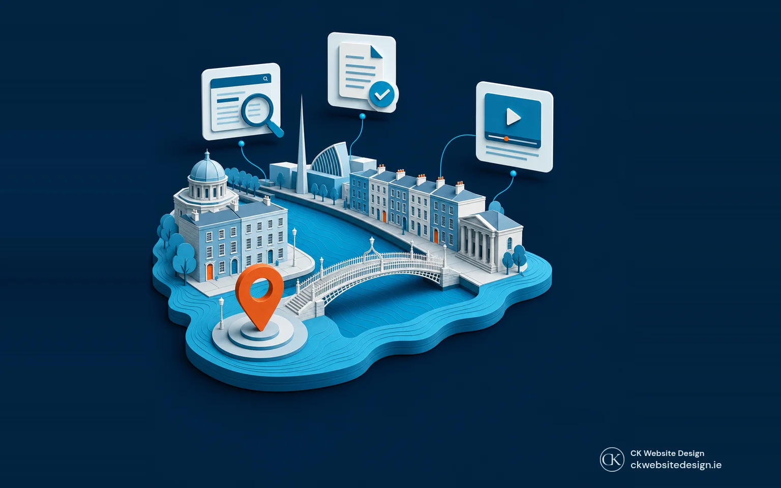 Isometric Dublin scene with a location pin and connected search, trusted-content and video symbols.
