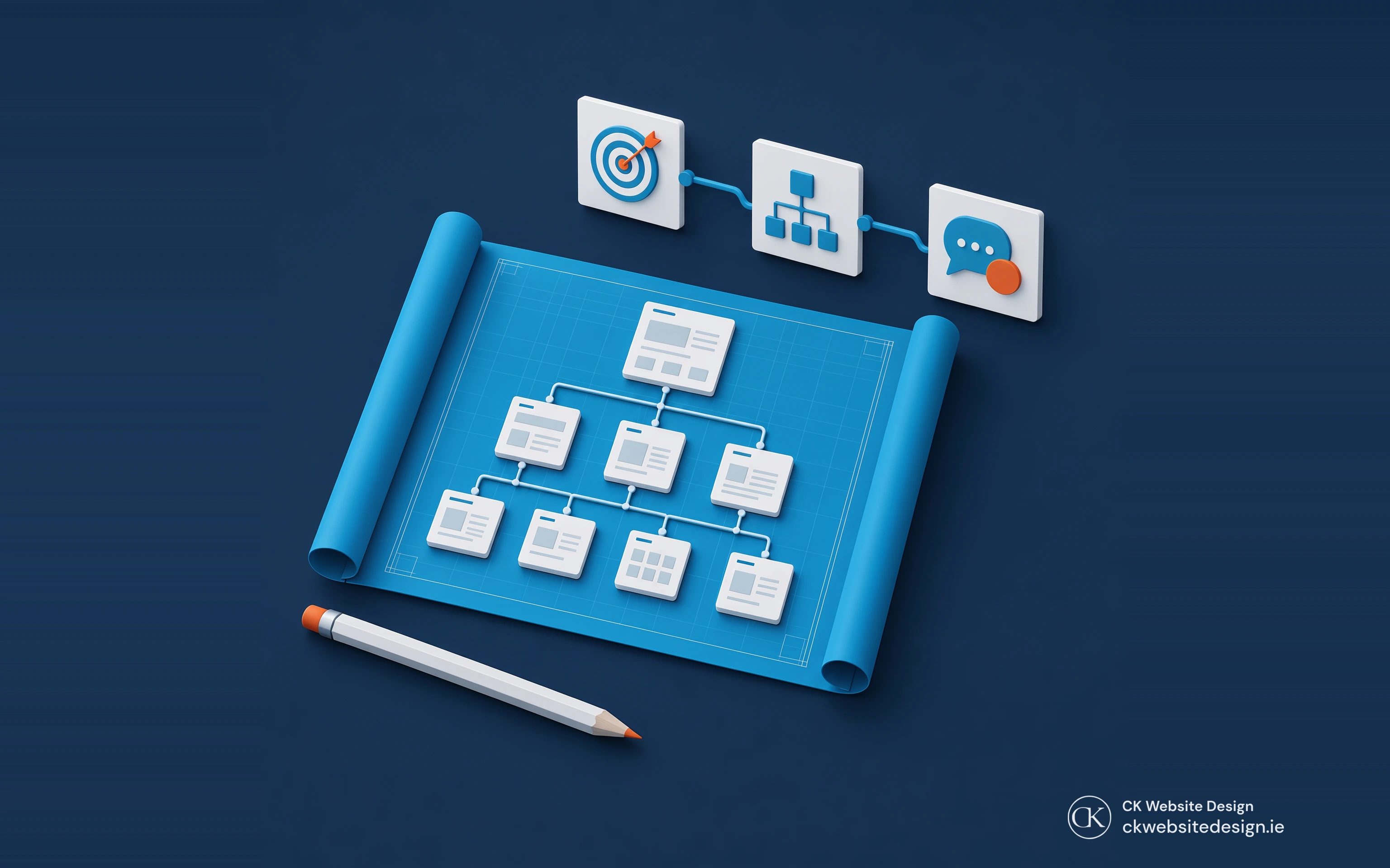 Isometric website planning blueprint with a pencil and connected customer, page and enquiry symbols.
