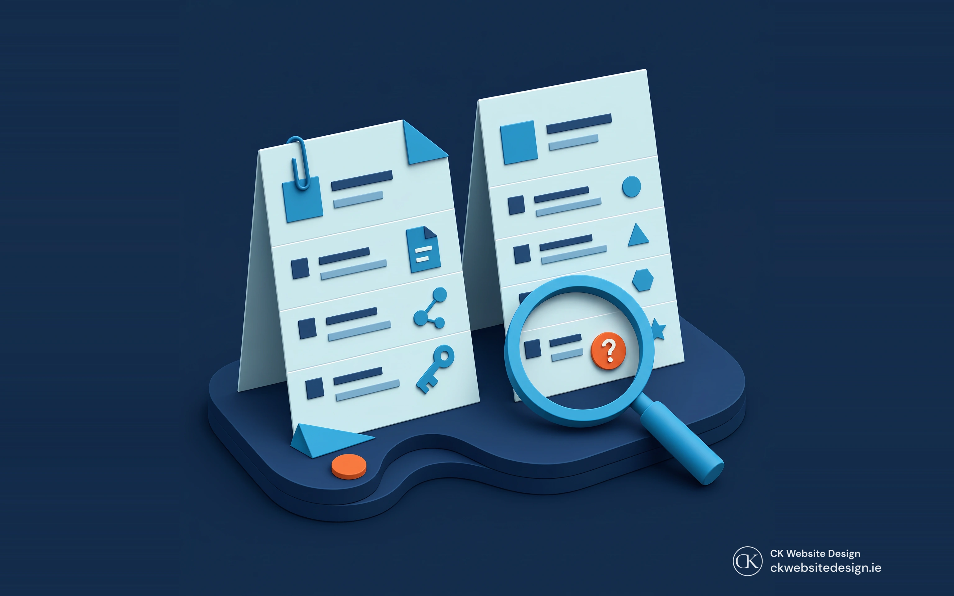 Isometric website proposal sheets with checklist symbols and a magnifying glass for comparing project scope.