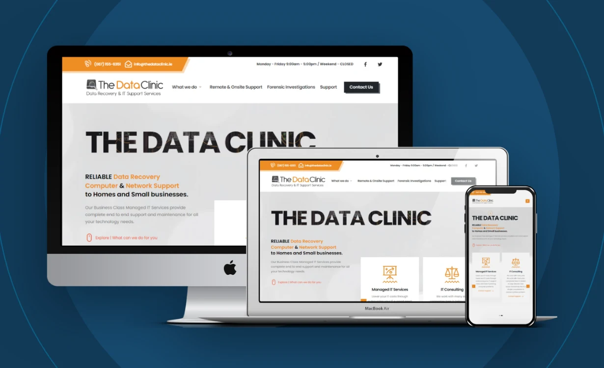 The Data Clinic website shown on a laptop