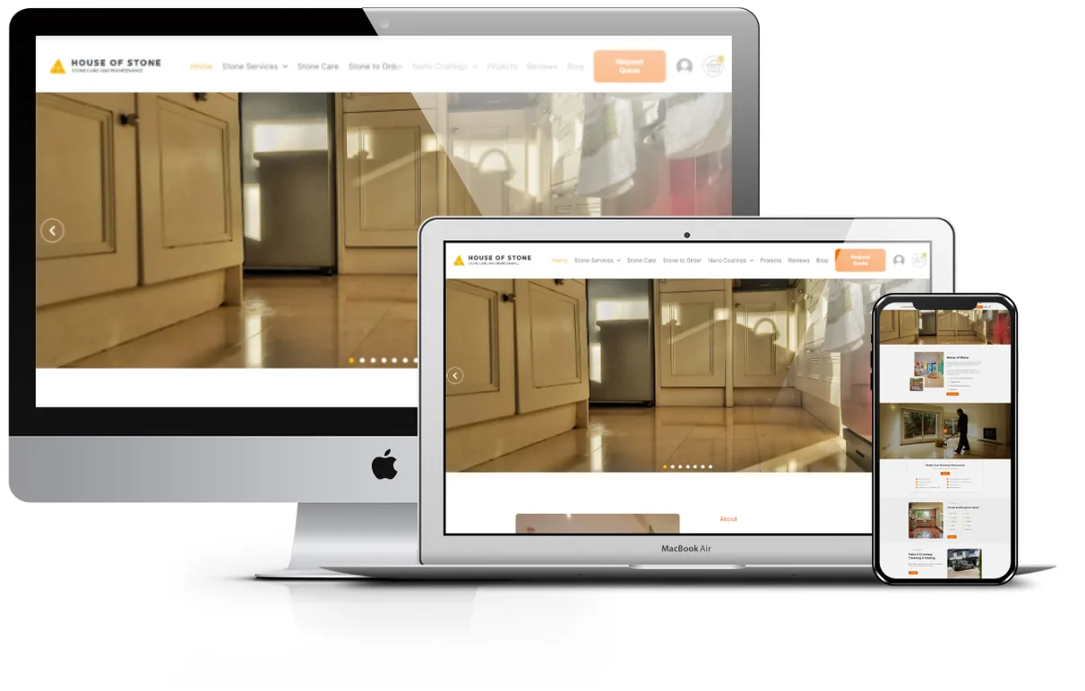 The House of Stone website presentation across desktop, laptop and mobile screens