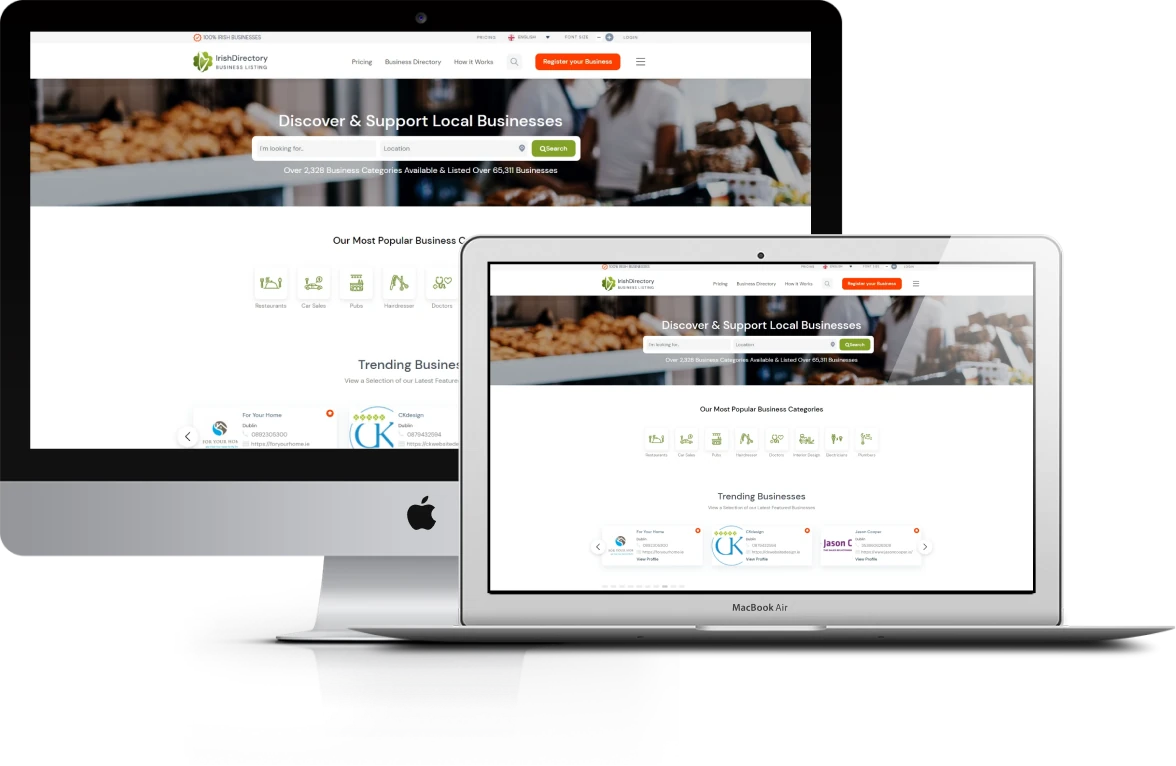 IrishDirectory WordPress business directory displayed on desktop and laptop screens