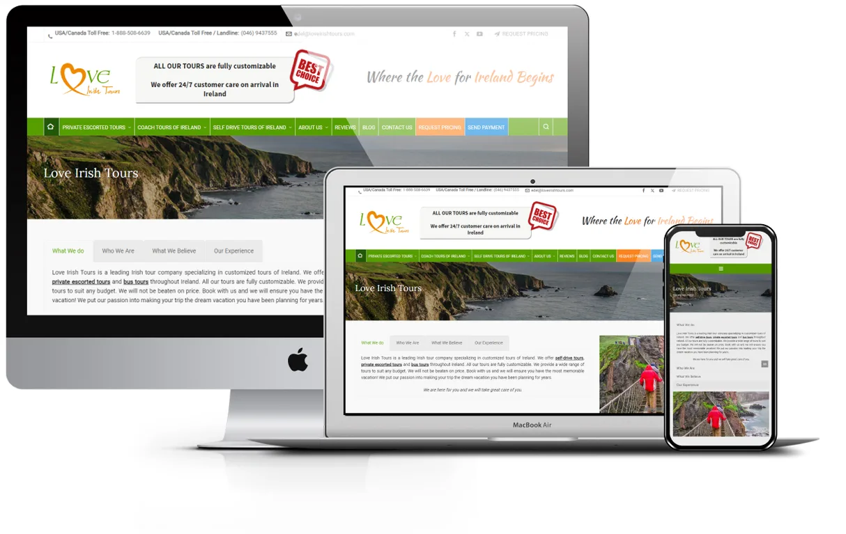 Love Irish Tours website presentation across desktop, laptop and mobile screens