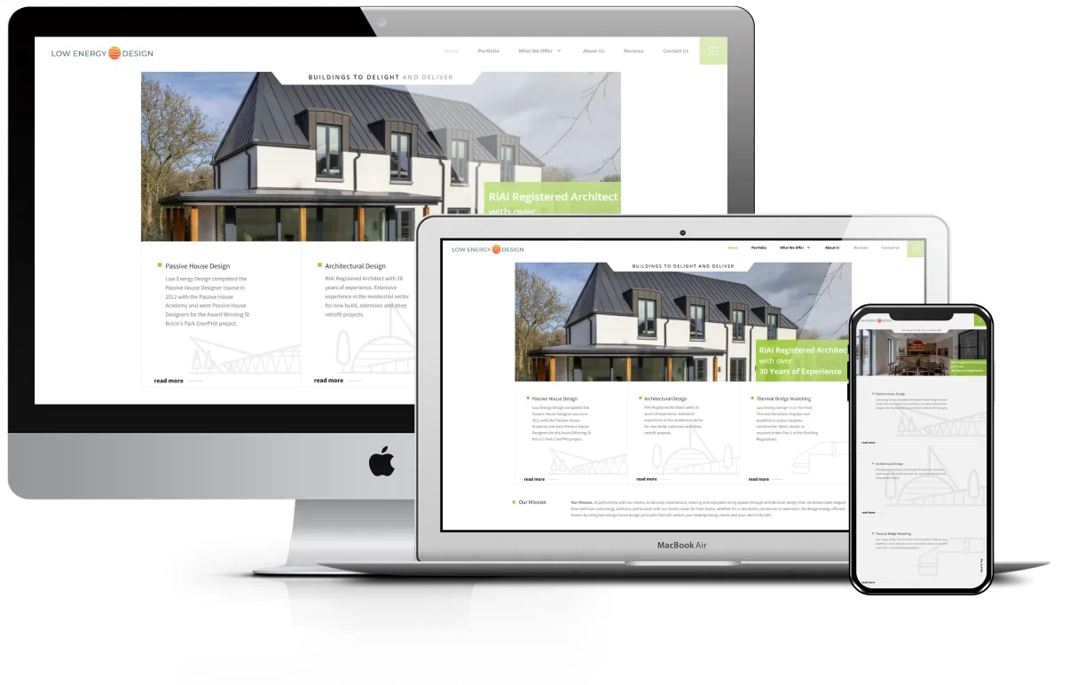 Low Energy Design website presentation across desktop, laptop and mobile screens