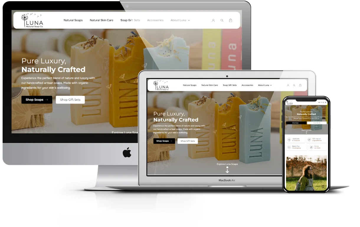 Luna Natural Soap Co. website presentation across desktop, laptop and mobile screens