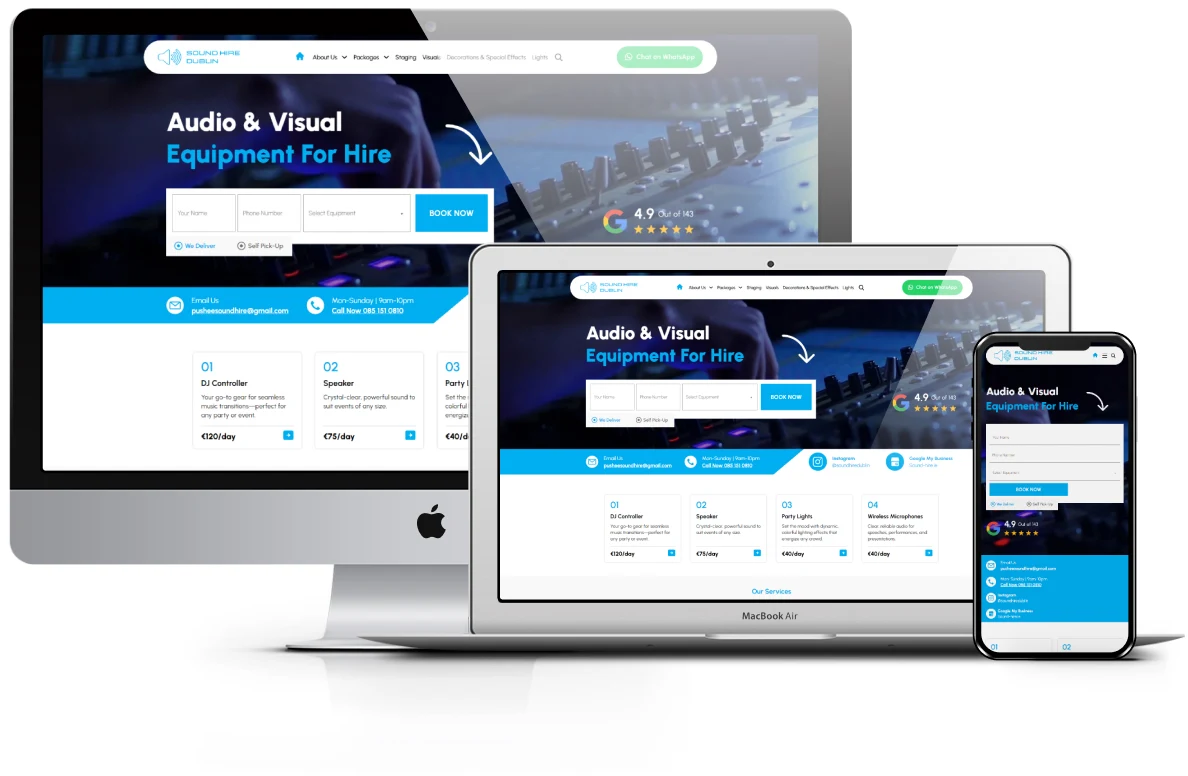 Sound-Hire website presentation across desktop, laptop and mobile screens