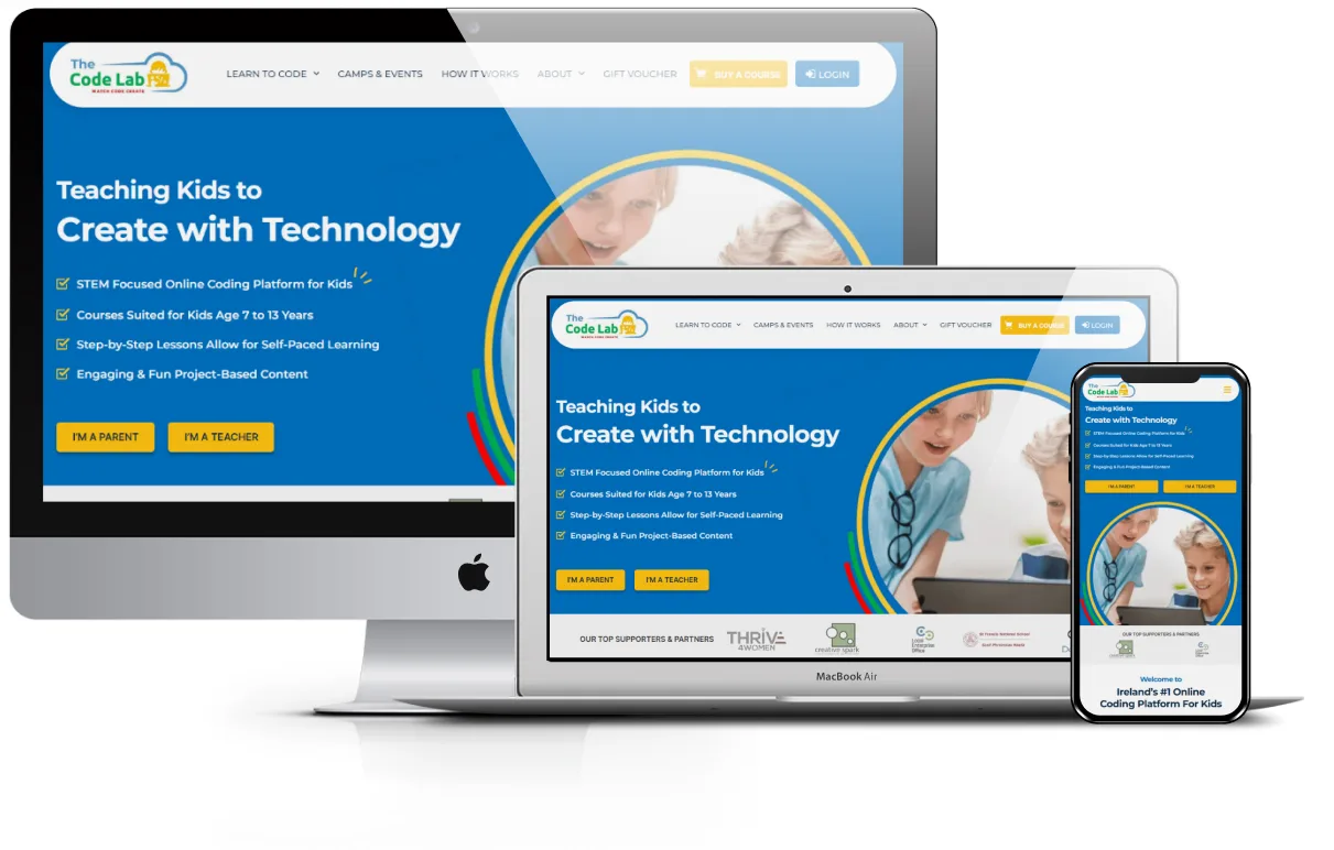 The Code Lab website presentation across desktop, laptop and mobile screens