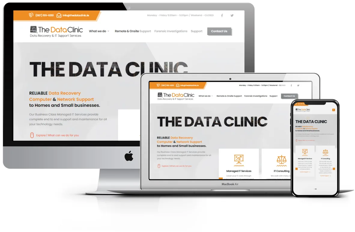 The Data Clinic website presentation across desktop, laptop and mobile screens