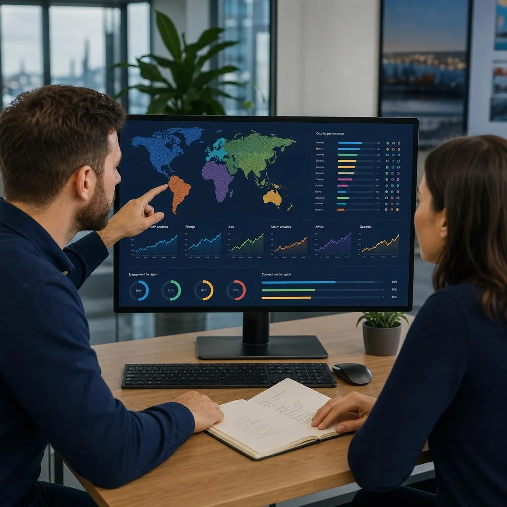 International SEO analysts reviewing country-level visibility, engagement and conversion reporting