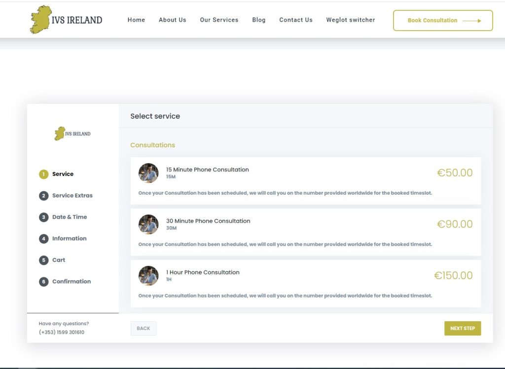 booking services via ivs irealnd website