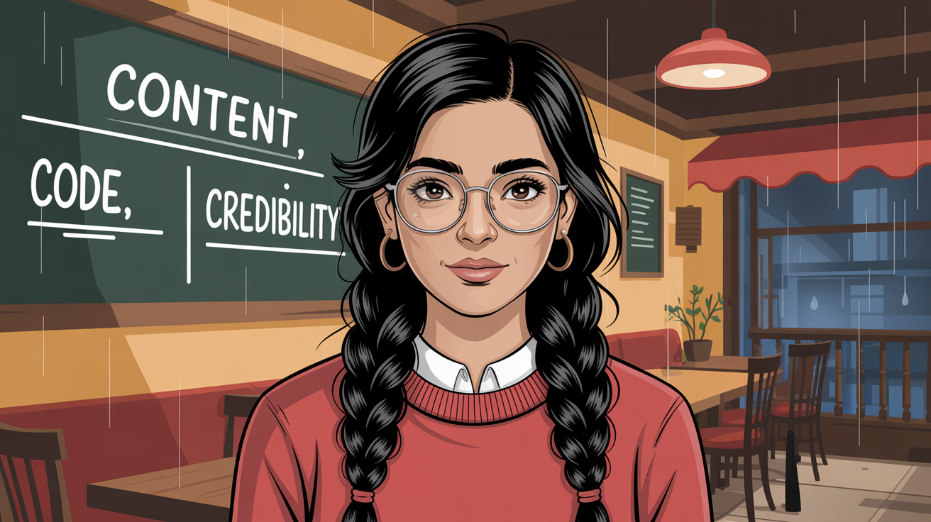 Illustration showing “Content,” “Code,” and “Credibility” on a chalkboard behind a restaurant owner — cartoonish or infographic style, clean and friendly look.