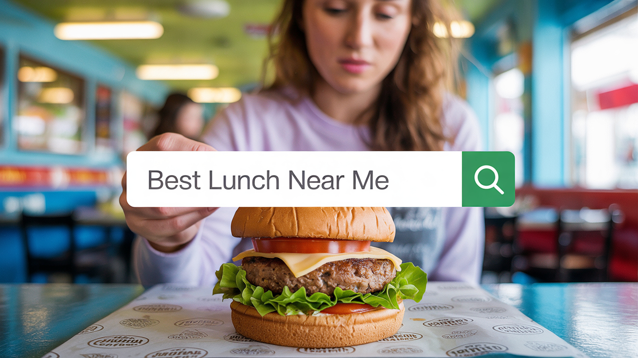 Top-down shot of a vegan and gluten-free food dish with a search bar overlay saying “Best Lunch near me” — warm lighting, modern food presentation
